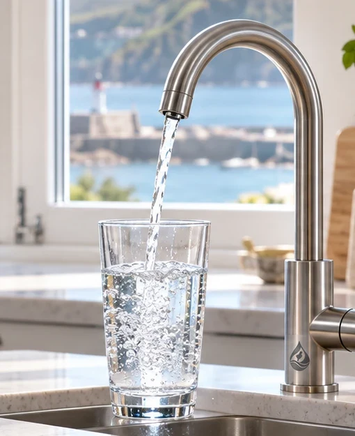 Illustrative kitchen scene with a tap filling a clear glass