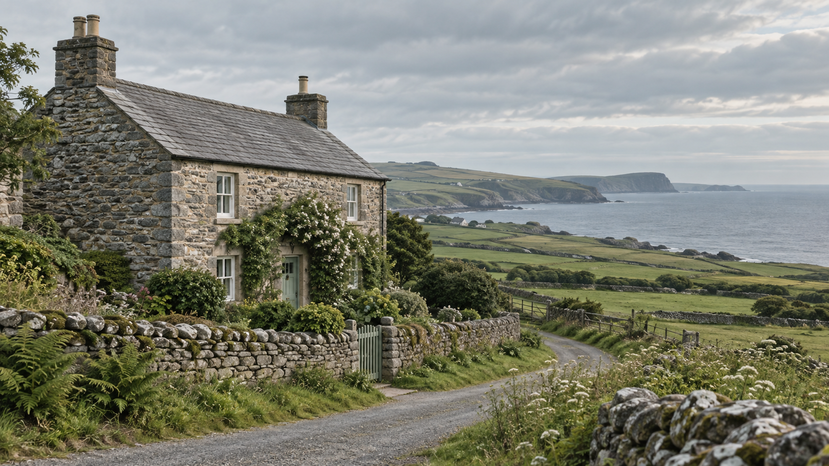 Illustrative stone cottage in green coastal countryside