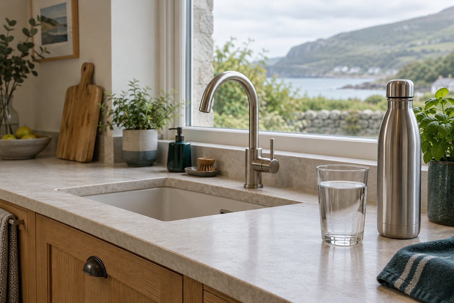 Illustrative kitchen with a glass of water and a reusable bottle beside a tap